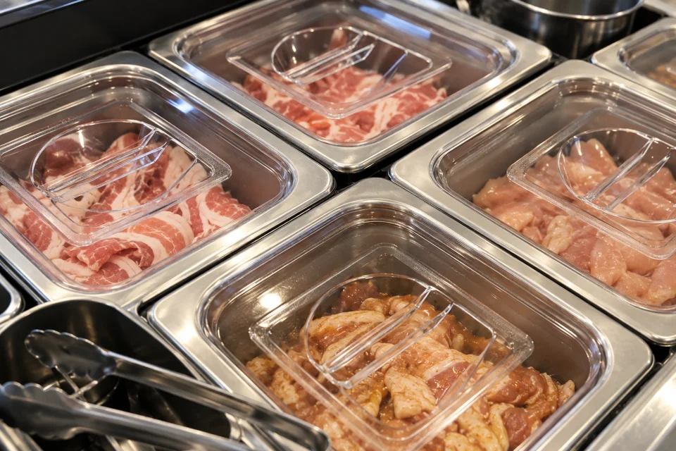 BBQの食材が並ぶビュッフェ